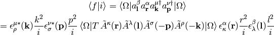 \braket{f|i} = \braket{\Omega|
    a_{\bf l}^\beta
    a_{\bf r}^\alpha
    a_{\bf k}^{\mu \dag} a_{\bf p}^{\nu \dag}
    |\Omega}

=
\epsilon^{\mu*}_\rho({\bf k}) {k^2\over i}
\epsilon^{\nu*}_\sigma({\bf p}) {p^2\over i}
\braket{\Omega|T\,
    \tilde A^\kappa({\bf r})
    \tilde A^\lambda({\bf l})
    \tilde A^\sigma(-{\bf p})
    \tilde A^\rho(-{\bf k})
|\Omega}
\epsilon^\alpha_\kappa({\bf r}) {r^2\over i}
\epsilon^\beta_\lambda({\bf l}) {l^2\over i}