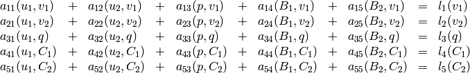 $$\begin{array}{lclclclclcl}
a_{11}(u_1, v_1) &+& a_{12}(u_2, v_1) &+& a_{13}(p, v_1) &+&
    a_{14}(B_1, v_1) &+& a_{15}(B_2, v_1) &=& l_1(v_1)\\
a_{21}(u_1, v_2) &+& a_{22}(u_2, v_2) &+& a_{23}(p, v_2) &+&
    a_{24}(B_1, v_2) &+& a_{25}(B_2, v_2) &=& l_2(v_2)\\
a_{31}(u_1, q) &+& a_{32}(u_2, q) &+& a_{33}(p, q) &+&
    a_{34}(B_1, q) &+& a_{35}(B_2, q) &=& l_3(q)\\
a_{41}(u_1, C_1) &+& a_{42}(u_2, C_1) &+& a_{43}(p, C_1) &+&
    a_{44}(B_1, C_1) &+& a_{45}(B_2, C_1) &=& l_4(C_1)\\
a_{51}(u_1, C_2) &+& a_{52}(u_2, C_2) &+& a_{53}(p, C_2) &+&
    a_{54}(B_1, C_2) &+& a_{55}(B_2, C_2) &=& l_5(C_2)
\end{array}$$