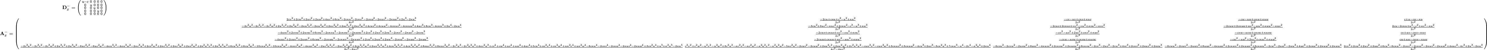 {\bf D}_x^- = \left(\begin{smallmatrix}u - c & 0 & 0 & 0 & 0\\0 & u & 0 & 0 & 0\\0 & 0 & u & 0 & 0\\0 & 0 & 0 & u & 0\\0 & 0 & 0 & 0 & 0\end{smallmatrix}\right)

{\bf A}_x^- = \left(\begin{smallmatrix}\frac{2 c v^{2} + 2 c w^{2} + 2 u v^{2} + 2 u w^{2} + 4 u c^{2} + 6 c u^{2} - 2 c \kappa u^{2} - 2 c \kappa v^{2} - 2 c \kappa w^{2} - 2 \kappa u v^{2} - 2 \kappa u w^{2} + 2 u^{3} - 2 \kappa u^{3}}{8 c^{2}} & \frac{- 2 c u + c \kappa u + c^{2} - u^{2} + \kappa u^{2}}{2 c^{2}} & \frac{- c v - u v + c \kappa v + \kappa u v}{2 c^{2}} & \frac{- c w - u w + c \kappa w + \kappa u w}{2 c^{2}} & \frac{c + u - c \kappa - \kappa u}{2 c^{2}}\\\frac{- 2 c^{2} u^{2} - 2 c^{2} v^{2} - 2 c^{2} w^{2} + 2 u^{2} v^{2} + 2 u^{2} w^{2} - 2 \kappa u^{2} v^{2} - 2 \kappa u^{2} w^{2} + 2 \kappa c^{2} u^{2} + 2 \kappa c^{2} v^{2} + 2 \kappa c^{2} w^{2} + 4 c u v^{2} + 4 c u w^{2} - 4 c \kappa u v^{2} - 4 c \kappa u w^{2} + 4 u c^{3} + 8 c u^{3} - 4 c \kappa u^{3} + 2 u^{4} - 2 \kappa u^{4}}{8 c^{2}} & \frac{- 3 c u^{2} + 3 u c^{2} - \kappa u c^{2} + 2 c \kappa u^{2} - c^{3} - u^{3} + \kappa u^{3}}{2 c^{2}} & \frac{- 2 c u v + 2 c \kappa u v + v c^{2} - v u^{2} + \kappa v u^{2} - \kappa v c^{2}}{2 c^{2}} & \frac{- 2 c u w + 2 c \kappa u w + w c^{2} - w u^{2} + \kappa w u^{2} - \kappa w c^{2}}{2 c^{2}} & \frac{2 c u - 2 c \kappa u + u^{2} - c^{2} + \kappa c^{2} - \kappa u^{2}}{2 c^{2}}\\\frac{- 4 u v c^{2} + 2 c v w^{2} + 2 u v w^{2} + 6 c v u^{2} - 2 c \kappa v u^{2} - 2 c \kappa v w^{2} - 2 \kappa u v w^{2} + 2 c v^{3} + 2 u v^{3} + 2 v u^{3} - 2 c \kappa v^{3} - 2 \kappa u v^{3} - 2 \kappa v u^{3}}{8 c^{2}} & \frac{- 2 c u v + c \kappa u v + v c^{2} - v u^{2} + \kappa v u^{2}}{2 c^{2}} & \frac{- c v^{2} - u v^{2} + 2 u c^{2} + c \kappa v^{2} + \kappa u v^{2}}{2 c^{2}} & \frac{- c v w - u v w + c \kappa v w + \kappa u v w}{2 c^{2}} & \frac{c v + u v - c \kappa v - \kappa u v}{2 c^{2}}\\\frac{- 4 u w c^{2} + 2 c w v^{2} + 2 u w v^{2} + 6 c w u^{2} - 2 c \kappa w u^{2} - 2 c \kappa w v^{2} - 2 \kappa u w v^{2} + 2 c w^{3} + 2 u w^{3} + 2 w u^{3} - 2 c \kappa w^{3} - 2 \kappa u w^{3} - 2 \kappa w u^{3}}{8 c^{2}} & \frac{- 2 c u w + c \kappa u w + w c^{2} - w u^{2} + \kappa w u^{2}}{2 c^{2}} & \frac{- c v w - u v w + c \kappa v w + \kappa u v w}{2 c^{2}} & \frac{- c w^{2} - u w^{2} + 2 u c^{2} + c \kappa w^{2} + \kappa u w^{2}}{2 c^{2}} & \frac{c w + u w - c \kappa w - \kappa u w}{2 c^{2}}\\\frac{- 2 c^{3} u^{2} - 2 c^{3} v^{2} - 2 c^{3} w^{2} + 2 u^{3} v^{2} + 2 u^{3} w^{2} - 6 u c^{2} v^{2} - 6 u c^{2} w^{2} - 4 \kappa u^{3} v^{2} - 4 \kappa u^{3} w^{2} - 2 \kappa c^{3} u^{2} + 2 c v^{2} w^{2} + 2 \kappa c^{3} v^{2} + 2 \kappa c^{3} w^{2} + 2 u v^{2} w^{2} + 2 \kappa^{2} u^{3} v^{2} + 2 \kappa^{2} u^{3} w^{2} + 6 c u^{2} v^{2} + 6 c u^{2} w^{2} - 10 c \kappa u^{2} v^{2} - 10 c \kappa u^{2} w^{2} - 4 c \kappa v^{2} w^{2} - 4 \kappa u v^{2} w^{2} - 2 u c^{2} \kappa^{2} v^{2} - 2 u c^{2} \kappa^{2} w^{2} + 2 c \kappa^{2} v^{2} w^{2} + 2 u \kappa^{2} v^{2} w^{2} + 4 c \kappa^{2} u^{2} v^{2} + 4 c \kappa^{2} u^{2} w^{2} + 8 \kappa u c^{2} v^{2} + 8 \kappa u c^{2} w^{2} - 2 c^{2} u^{3} - 2 c^{2} \kappa^{2} u^{3} + 4 \kappa c^{2} u^{3} + c v^{4} + c w^{4} + u v^{4} + u w^{4} + 4 u c^{4} + 5 c u^{4} + c \kappa^{2} v^{4} + c \kappa^{2} w^{4} + u \kappa^{2} v^{4} + u \kappa^{2} w^{4} - 8 c \kappa u^{4} - 2 c \kappa v^{4} - 2 c \kappa w^{4} - 2 \kappa u v^{4} - 2 \kappa u w^{4} + 3 c \kappa^{2} u^{4} + u^{5} + \kappa^{2} u^{5} - 2 \kappa u^{5}}{8 c^{2} - 8 \kappa c^{2}} & \frac{c^{2} v^{2} + c^{2} w^{2} - u^{2} v^{2} - u^{2} w^{2} + 3 c^{2} u^{2} - \kappa c^{2} v^{2} - \kappa c^{2} w^{2} - \kappa^{2} u^{2} v^{2} - \kappa^{2} u^{2} w^{2} - 5 \kappa c^{2} u^{2} - 2 c u v^{2} - 2 c u w^{2} + 2 \kappa u^{2} v^{2} + 2 \kappa u^{2} w^{2} + 2 c^{2} \kappa^{2} u^{2} - c u \kappa^{2} v^{2} - c u \kappa^{2} w^{2} + 3 c \kappa u v^{2} + 3 c \kappa u w^{2} - 4 c u^{3} + 2 u c^{3} - 3 c \kappa^{2} u^{3} + 7 c \kappa u^{3} - u^{4} - 2 c^{4} - \kappa^{2} u^{4} + 2 \kappa u^{4}}{4 c^{2} - 4 \kappa c^{2}} & \frac{- 6 c v u^{2} - 2 c v w^{2} - 2 u v w^{2} + 8 u v c^{2} - 4 \kappa u v c^{2} + 2 c \kappa v w^{2} + 2 \kappa u v w^{2} + 6 c \kappa v u^{2} - 2 c v^{3} - 2 u v^{3} - 2 v u^{3} + 4 v c^{3} + 2 c \kappa v^{3} + 2 \kappa u v^{3} + 2 \kappa v u^{3}}{8 c^{2}} & \frac{- 6 c w u^{2} - 2 c w v^{2} - 2 u w v^{2} + 8 u w c^{2} - 4 \kappa u w c^{2} + 2 c \kappa w v^{2} + 2 \kappa u w v^{2} + 6 c \kappa w u^{2} - 2 c w^{3} - 2 u w^{3} - 2 w u^{3} + 4 w c^{3} + 2 c \kappa w^{3} + 2 \kappa u w^{3} + 2 \kappa w u^{3}}{8 c^{2}} & \frac{2 c v^{2} + 2 c w^{2} + 2 u v^{2} + 2 u w^{2} + 6 c u^{2} - 6 c \kappa u^{2} - 2 c \kappa v^{2} - 2 c \kappa w^{2} - 2 \kappa u v^{2} - 2 \kappa u w^{2} + 4 \kappa u c^{2} - 4 c^{3} + 2 u^{3} - 2 \kappa u^{3}}{8 c^{2}}\end{smallmatrix}\right)