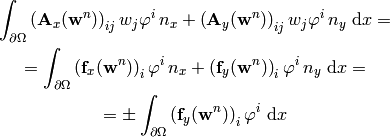 \int_{\partial\Omega}
\left({\bf A}_x({\bf w}^n)\right)_{ij}w_j
    \varphi^i\, n_x
+ \left({\bf A}_y({\bf w}^n)\right)_{ij}w_j
    \varphi^i\, n_y
\ \d x
=

=
\int_{\partial\Omega}
\left({\bf f}_x({\bf w}^n)\right)_i
    \varphi^i\, n_x
+ \left({\bf f}_y({\bf w}^n)\right)_i
    \varphi^i\, n_y
\ \d x
=

=
\pm\int_{\partial\Omega}
\left({\bf f}_y({\bf w}^n)\right)_i
    \varphi^i
\ \d x