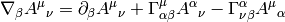 \nabla_\beta A^\mu{}_\nu=\partial_\beta A^\mu{}_\nu +\Gamma^\mu_{\alpha\beta}A^\alpha{}_\nu -\Gamma^\alpha_{\nu\beta}A^\mu{}_\alpha