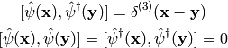 [\hat\psi({\bf x}), \hat\psi^\dag({\bf y})] = \delta^{(3)}({\bf x}-{\bf y})

[\hat\psi({\bf x}), \hat\psi({\bf y})] =
[\hat\psi^\dag({\bf x}), \hat\psi^\dag({\bf y})] = 0