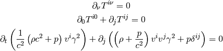 \partial_\nu T^{i\nu} = 0

\partial_0 T^{i0} + \partial_j T^{ij} = 0

\partial_t \left({1\over c^2}\left(\rho c^2 + p \right) v^i\gamma^2\right)
    + \partial_j \left(
    \left(\rho+{p\over c^2}\right) v^iv^j\gamma^2 + p \delta^{ij}
    \right) = 0