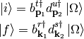 \ket{i} = b_{{\bf p}_1}^{t\dag} d_{{\bf p}_2}^{u\dag}\ket{\Omega}

\ket{f} = b_{{\bf k}_1}^{r\dag} d_{{\bf k}_2}^{s\dag}\ket{\Omega}