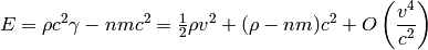 E = \rho c^2\gamma -n m c^2 = \half \rho v^2 + (\rho - nm)c^2 +
    O\left(v^4\over c^2\right)