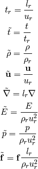 t_r = {l_r\over u_r}

\tilde t = {t\over t_r}

\tilde \rho = {\rho\over\rho_r}

\tilde{\bf u} = {{\bf u}\over u_r}

\tilde\nabla = l_r\nabla

\tilde E = {E\over \rho_r u^2_r}

\tilde p = {p\over \rho_r u^2_r}

\tilde {\bf f} = {\bf f}{l_r\over\rho_r u^2_r}