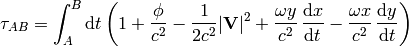 \tau_{AB} =\int_A^B\d t\left(1+{\phi\over c^2}-{1\over 2c^2}|{\bf V}|^2 +{\omega y\over c^2}\,{\d x\over\d t} - {\omega x\over c^2}\,{\d y\over\d t} \right)