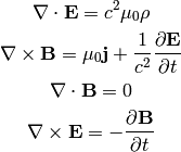 \nabla\cdot{\bf E} = c^2\mu_0 \rho

\nabla\times{\bf B} = \mu_0 {\bf j} + {1\over c^2}{\partial{\bf E}
    \over \partial t}

\nabla\cdot{\bf B} = 0

\nabla\times{\bf E} = -{\partial{\bf B}\over\partial t}