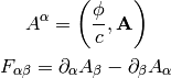 A^\alpha = \left({\phi\over c}, {\bf A}\right)

F_{\alpha\beta} = \partial_\alpha A_\beta - \partial_\beta A_\alpha