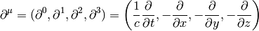 \partial^\mu = (\partial^0, \partial^1, \partial^2, \partial^3)= \left({1\over c}{\partial\over\partial t},-{\partial\over\partial x},-{\partial\over\partial y},-{\partial\over\partial z}\right)