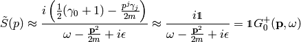 \tilde S(p) \approx
{i\left(\half(\gamma_0+1) - {p^j\gamma_j\over2m}\right)\over
    \omega-{{\bf p}^2\over 2m} + i\epsilon}
\approx
{i\one\over \omega-{{\bf p}^2\over 2m} + i\epsilon}
=\one G_0^+({\bf p}, \omega)