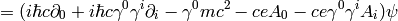 = (i\hbar c\partial_0+i\hbar c\gamma^0\gamma^i\partial_i-\gamma^0mc^2-ceA_0 -ce\gamma^0\gamma^iA_i)\psi