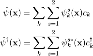 \hat\psi({\bf x}) = \sum_k\sum_{s=1}^2 \psi_k^s({\bf x}) c_k

\hat\psi^\dag({\bf x}) = \sum_k\sum_{s=1}^2 \psi_k^{s*}({\bf x}) c_k^\dag