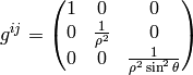 g^{ij} = \mat{1 & 0 & 0\cr 0 & 1\over\rho^2 & 0\cr 0 & 0 & 1\over\rho^2\sin^2\theta\cr}