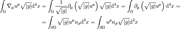 \int_\Omega \nabla_\mu u^\mu \sqrt{|g|}\d^4 x
=\int_\Omega {1\over\sqrt{|g|}}\partial_\mu\left(\sqrt{|g|} u^\mu\right) \sqrt{|g|}\d^4 x
=\int_\Omega \partial_\mu\left(\sqrt{|g|} u^\mu\right)\d^4 x
=

=\int_{\partial\Omega} \sqrt{|g|} u^\mu n_\mu\d^3 x
=\int_{\partial\Omega} u^\mu n_\mu \sqrt{|g|}\d^3 x