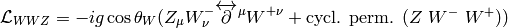 \L_{WWZ}=-ig\cos\theta_W(Z_\mu W^-_\nu\overleftrightarrow\partial^\mu W^{+\nu}+\hbox{cycl. perm. ($Z$ $W^-$ $W^+$)})