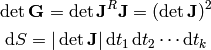 \det{\bf G} = \det {\bf J}^R{\bf J} = (\det {\bf J})^2

\d S = |\det {\bf J}|\,\d t_1\,\d t_2\cdots\d t_k