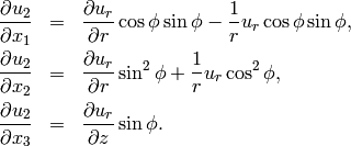 \begin{eqnarray*}
\frac{\partial u_2}{\partial x_1} &=& \frac{\partial u_r}{\partial r}\cos\phi\sin\phi - \frac{1}{r}u_r \cos\phi\sin\phi, \nonumber \\
\frac{\partial u_2}{\partial x_2} &=& \frac{\partial u_r}{\partial r}\sin^2\phi + \frac{1}{r} u_r\cos^2\phi,\nonumber \\
\frac{\partial u_2}{\partial x_3} &=& \frac{\partial u_r}{\partial z}\sin\phi. \nonumber
\end{eqnarray*}