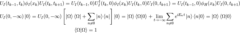 U_I(t_{k-1}, t_k) \phi_I(x_k) U_I(t_k, t_{k+1})=
U_I(t_{k-1}, 0) U_I^\dag(t_k, 0) \phi_I(x_k) U_I(t_k, 0) U_I(0, t_{k+1})=
U_I(t_{k-1}, 0) \phi_H(x_k) U_I(0, t_{k+1})

U_I(0, -\infty)\ket{0}=
U_I(0, -\infty)\left[\ket{\Omega}\bra{\Omega}+\sum_{n\neq0}\ket{n}\bra{n}
    \right]\ket{0} =
\ket{\Omega}\braket{\Omega|0}+\lim_{t\to-\infty}
    \sum_{n\neq0}e^{i E_n t}\ket{n}\braket{n|0}
=
\ket{\Omega}\braket{\Omega|0}

\braket{\Omega|\Omega}=1
