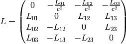 L= \mat{ 0 & -{L_{01}\over c^2} & -{L_{02}\over c^2} & -{L_{03}\over c^2}\cr L_{01} & 0 & L_{12} & L_{13}\cr L_{02} & -L_{12} & 0 & L_{23}\cr L_{03} & -L_{13} & -L_{23} & 0\cr}