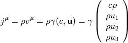 j^\mu =\rho v^\mu = \rho\gamma (c, {\bf u}) =
    \gamma
    \left( \begin{array}{c}
        c\rho\\
        \rho u_1\\
        \rho u_2\\
        \rho u_3\\
    \end{array} \right)