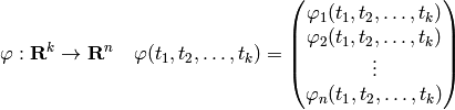 \mathbf{\varphi}: \R^k \to \R^n\quad \mathbf{\varphi}(t_1, t_2, \dots, t_k) =
\mat{\varphi_1(t_1, t_2, \dots, t_k)\cr
    \varphi_2(t_1, t_2, \dots, t_k)\cr
    \vdots \cr
    \varphi_n(t_1, t_2, \dots, t_k)\cr
}