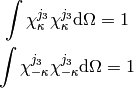 \int \chi^{j_3}_\kappa\chi^{j_3}_\kappa \d\Omega = 1

\int \chi^{j_3}_{-\kappa}\chi^{j_3}_{-\kappa} \d\Omega = 1