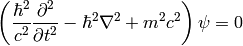 \left({\hbar^2\over c^2}{\partial^2\over\partial t^2} - \hbar^2\nabla^2
+m^2c^2\right)\psi = 0