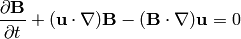 {\partial {\bf B}\over\partial t} + ({\bf u}\cdot\nabla){\bf B}
    - ({\bf B}\cdot\nabla){\bf u} = 0