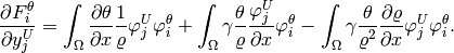 \frac{\partial F^{\theta}_i}{\partial y^{U}_j} =  \int_{\Omega} \frac{\partial \theta}{\partial x} \frac{1}{\varrho} \varphi^{U}_j\varphi^{\theta}_i + \int_{\Omega} \gamma \frac{\theta}{\varrho}\frac{\varphi^{U}_j}{\partial x}\varphi^{\theta}_i - \int_{\Omega} \gamma \frac{\theta}{\varrho^2}\frac{\partial \varrho}{\partial x}\varphi^{U}_j\varphi^{\theta}_i.