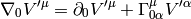 \nabla_0V'^{\mu}=\partial_0V'^{\mu}+\Gamma^\mu_{0\alpha}V'^{\alpha}