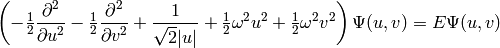 \left(-\half{\partial^2\over\partial u^2} -\half{\partial^2\over\partial v^2}
    +{1\over\sqrt2 |u|} + \half\omega^2 u^2 + \half\omega^2 v^2
\right)\Psi(u, v) = E \Psi(u, v)