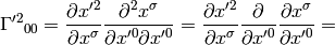 \Gamma'^2{}_{00}= {\partial x'^2\over\partial x^\sigma} {\partial^2 x^\sigma\over\partial x'^0\partial x'^0} = {\partial x'^2\over\partial x^\sigma} {\partial \over\partial x'^0} {\partial x^\sigma\over\partial x'^0} =