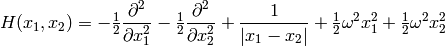 H(x_1, x_2) = -\half{\partial^2\over\partial x_1^2}
-\half{\partial^2\over\partial x_2^2}
    +{1\over|x_1 - x_2|} + \half\omega^2 x_1^2 + \half\omega^2 x_2^2