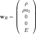 {\bf w}_R = \left( \begin{array}{c}
    \rho \\
    \rho u_1 \\
    0 \\
    0 \\
    E \\
\end{array} \right)