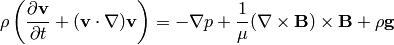 \rho\left(\frac{\partial {\bf v}}{\partial t} + ({\bf v} \cdot \nabla)
 {\bf v} \right) = -\nabla p +
 {1\over\mu}(\nabla\times{\bf B}) \times {\bf B} + \rho {\bf g}