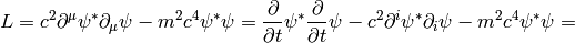 L=c^2\partial^\mu\psi^*\partial_\mu\psi-m^2c^4\psi^*\psi= {\partial\over\partial t}\psi^*{\partial\over\partial t}\psi -c^2\partial^i\psi^*\partial_i\psi-m^2c^4\psi^*\psi=