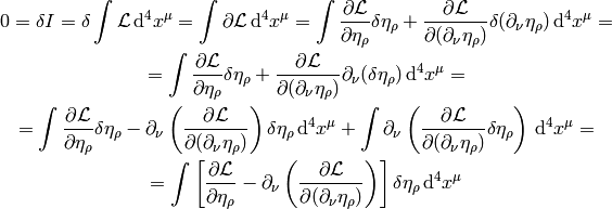 0 = \delta I = \delta \int \L \,\d^4x^\mu
= \int \partial \L \,\d^4x^\mu
= \int { \partial \L\over\partial \eta_\rho}\delta\eta_\rho
    +
    { \partial \L\over\partial (\partial_\nu \eta_\rho)}
    \delta(\partial_\nu\eta_\rho)
    \,\d^4x^\mu
=

= \int { \partial \L\over\partial \eta_\rho}\delta\eta_\rho
    +
    { \partial \L\over\partial (\partial_\nu \eta_\rho)}
    \partial_\nu(\delta\eta_\rho)
    \,\d^4x^\mu
=

= \int { \partial \L\over\partial \eta_\rho}\delta\eta_\rho
    -
    \partial_\nu\left(
    { \partial \L\over\partial (\partial_\nu \eta_\rho)}
    \right)
    \delta\eta_\rho
    \,\d^4x^\mu
    +\int \partial_\nu \left(
    { \partial \L\over\partial (\partial_\nu \eta_\rho)}
    \delta\eta_\rho
    \right)
    \,\d^4x^\mu
=

= \int \left[{ \partial \L\over\partial \eta_\rho}
    -
    \partial_\nu\left(
    { \partial \L\over\partial (\partial_\nu \eta_\rho)}
    \right)
    \right]
    \delta\eta_\rho
    \,\d^4x^\mu