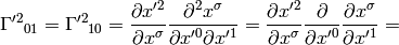 \Gamma'^2{}_{01}=\Gamma'^2{}_{10}= {\partial x'^2\over\partial x^\sigma} {\partial^2 x^\sigma\over\partial x'^0\partial x'^1} = {\partial x'^2\over\partial x^\sigma} {\partial \over\partial x'^0} {\partial x^\sigma\over\partial x'^1} =