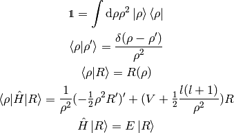 \one = \int \d\rho \rho^2 \ket{\rho}\bra{\rho}

\braket{\rho|\rho'} = {\delta(\rho-\rho')\over \rho^2}

\braket{\rho|R} = R(\rho)

\braket{\rho|\hat H|R} =
    {1\over\rho^2}(-\half \rho^2 R')' + (V + \half {l(l+1)\over\rho^2}) R

\hat H \ket{R} = E\ket{R}