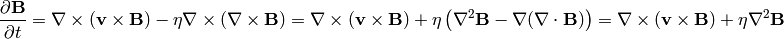 {\partial {\bf B}\over\partial t} = \nabla\times({\bf v}\times{\bf B})
            - \eta\nabla\times\left(\nabla\times{\bf B}\right)
        = \nabla\times({\bf v}\times{\bf B})
            + \eta\left(\nabla^2{\bf B}-\nabla(\nabla\cdot{\bf B})\right)
        = \nabla\times({\bf v}\times{\bf B}) + \eta\nabla^2{\bf B}