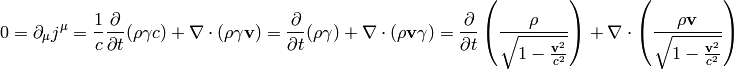 0 = \partial_\mu j^\mu = {1\over c}{\partial\over\partial t} (\rho\gamma c)
    + \nabla \cdot (\rho\gamma {\bf v})
= {\partial\over\partial t} (\rho\gamma) + \nabla \cdot (\rho{\bf v}\gamma)
= {\partial\over\partial t}\left(\rho\over
    \sqrt{1-{{\bf v}^2\over c^2}}\right)
  + \nabla \cdot\left(\rho{\bf v}\over
    \sqrt{1-{{\bf v}^2\over c^2}}\right)