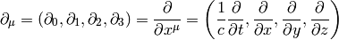 \partial_\mu = (\partial_0, \partial_1, \partial_2, \partial_3) =
{\partial\over\partial x^\mu}=
\left({1\over c}{\partial\over\partial t},{\partial\over\partial x},{\partial\over\partial y},{\partial\over\partial z}\right)