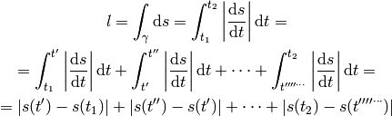 l = \int_\gamma \d s = \int_{t_1}^{t_2}\left|{\d s\over \d t}\right| \d t =

= \int_{t_1}^{t'}\left|{\d s\over \d t}\right| \d t
+ \int_{t'}^{t''}\left|{\d s\over \d t}\right| \d t +
  \cdots
+ \int_{t''''^{\cdots}}^{t_2}\left|{\d s\over \d t}\right| \d t =

=|s(t')-s(t_1)|+|s(t'')-s(t')|+\cdots+|s(t_2)-s(t''''^{\cdots})|