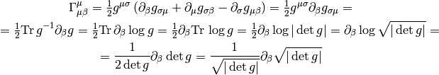 \Gamma^\mu_{\mu\beta}=\half g^{\mu\sigma} \left(\partial_\beta g_{\sigma\mu}+\partial_\mu g_{\sigma\beta}- \partial_\sigma g_{\mu\beta}\right)=\half g^{\mu\sigma}\partial_\beta g_{\sigma\mu}=

 =\half \Tr g^{-1}\partial_\beta g =\half \Tr\partial_\beta\log g =\half \partial_\beta\Tr\log g =\half \partial_\beta\log|\det g| =\partial_\beta\log\sqrt{|\det g|} =

={1\over2\det g}\partial_\beta\det g
={1\over\sqrt{|\det g|}}\partial_\beta\sqrt{|\det g|}