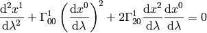 {\d^2 x^1\over\d\lambda^2}+\Gamma^1_{00}\left({\d x^0\over\d\lambda}\right)^2 +2\Gamma^1_{20}{\d x^2\over\d\lambda}{\d x^0\over\d\lambda}=0