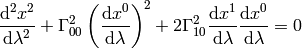 {\d^2 x^2\over\d\lambda^2}+\Gamma^2_{00}\left({\d x^0\over\d\lambda}\right)^2 +2\Gamma^2_{10}{\d x^1\over\d\lambda}{\d x^0\over\d\lambda}=0