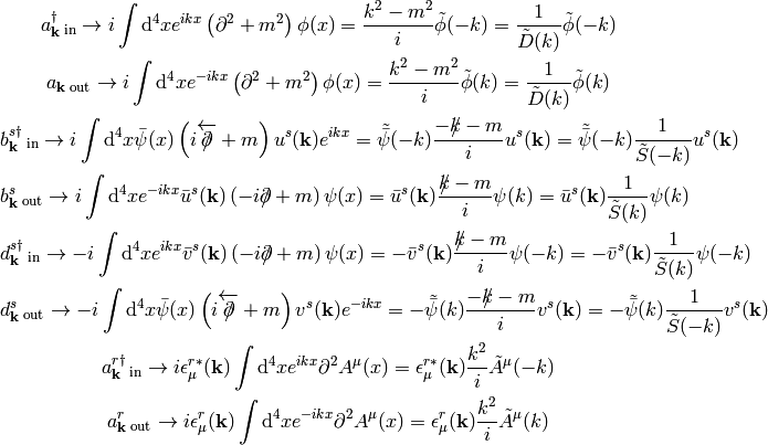 a^\dag_{\bf k}\,{}_\text{in} \to
    i\int\d^4 x e^{ikx}\left(\partial^2+m^2\right)\phi(x)
    ={k^2-m^2\over i}\tilde\phi(-k)
    ={1\over\tilde D(k)}\tilde\phi(-k)

a_{\bf k}\,{}_\text{out} \to
    i\int\d^4 x e^{-ikx}\left(\partial^2+m^2\right)\phi(x)
    ={k^2-m^2\over i}\tilde\phi(k)
    ={1\over\tilde D(k)}\tilde\phi(k)

b^{s\dag}_{\bf k}\,{}_\text{in} \to
    i\int\d^4 x\bar\psi(x) \left(i\overleftarrow{\fslash\partial}+m\right)u^s({\bf k})e^{ikx}
    =\tilde{\bar\psi}(-k){-\fslash k - m\over i}u^s({\bf k})
    =\tilde{\bar\psi}(-k){1\over\tilde S(-k)}u^s({\bf k})

b^s_{\bf k}\,{}_\text{out} \to
    i\int\d^4 x e^{-ikx}\bar u^s({\bf k})\left(-i\fslash\partial+m\right)\psi(x)
    =\bar u^s({\bf k}){\fslash k - m\over i}\psi(k)
    =\bar u^s({\bf k}){1\over\tilde S(k)}\psi(k)

d^{s\dag}_{\bf k}\,{}_\text{in} \to
    -i\int\d^4 x e^{ikx}\bar v^s({\bf k})\left(-i\fslash\partial+m\right)\psi(x)
    =-\bar v^s({\bf k}){\fslash k - m\over i}\psi(-k)
    =-\bar v^s({\bf k}){1\over\tilde S(k)}\psi(-k)

d^s_{\bf k}\,{}_\text{out} \to
    -i\int\d^4 x\bar\psi(x) \left(i\overleftarrow{\fslash\partial}+m\right)v^s({\bf k})e^{-ikx}
    =-\tilde{\bar\psi}(k){-\fslash k - m\over i}v^s({\bf k})
    =-\tilde{\bar\psi}(k){1\over\tilde S(-k)}v^s({\bf k})

a^{r\dag}_{\bf k}\,{}_\text{in} \to
    i\epsilon_\mu^{r*}({\bf k})
        \int\d^4 x e^{ikx} \partial^2 A^\mu(x)
    =
    \epsilon_\mu^{r*}({\bf k}){k^2\over i}
        \tilde A^\mu(-k)

a^r_{\bf k}\,{}_\text{out} \to
    i\epsilon_\mu^r({\bf k})
        \int\d^4 x e^{-ikx} \partial^2 A^\mu(x)
    =
    \epsilon_\mu^r({\bf k}){k^2\over i}
        \tilde A^\mu(k)