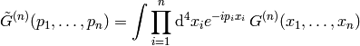\tilde G^{(n)}(p_1,\dots, p_n) =
\int\prod_{i=1}^n \d^4 x_i e^{-i p_i x_i}\,
G^{(n)}(x_1, \dots, x_n)