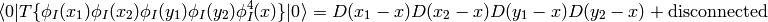 \braket{0|T\{\phi_I(x_1)\phi_I(x_2) \phi_I(y_1)\phi_I(y_2) \phi_I^4(x)\}|0}= D(x_1-x)D(x_2-x)D(y_1-x)D(y_2-x)+\hbox{disconnected}